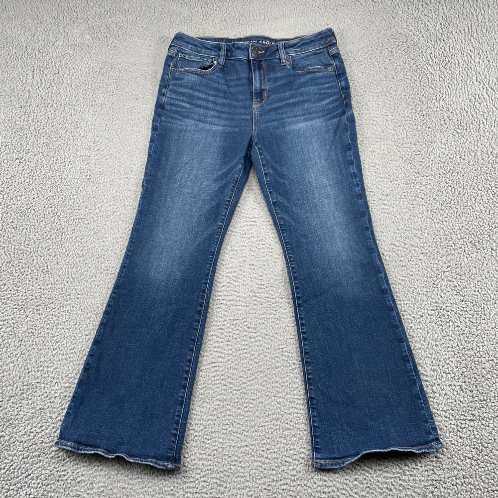 American Eagle Jeans Womens 14 Short Blue Kick Boot Stretch Denim Mid Rise Flare